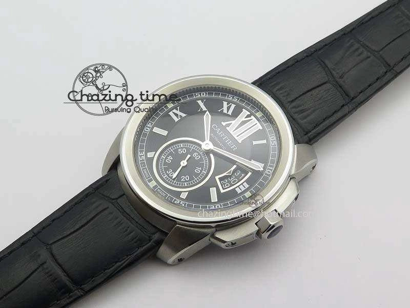 Trendsetting Calibre De Cartier SS JF Best Edition Black Dial On Black Leather Strap A23J 6314