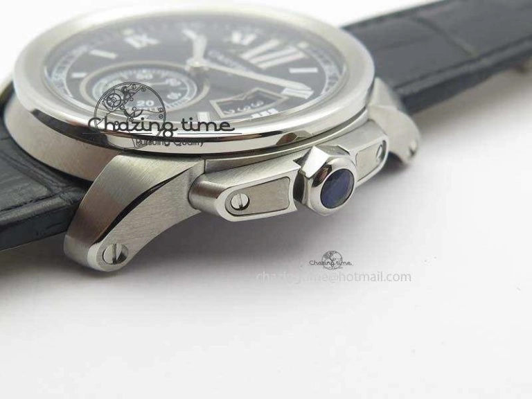 Trendsetting Calibre De Cartier SS JF Best Edition Black Dial On Black Leather Strap A23J 6314