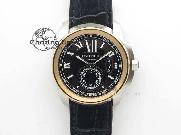 Premium Calibre De Cartier SS RG JF Best Edition Black Dial On Black Leather Strap A23J 6311
