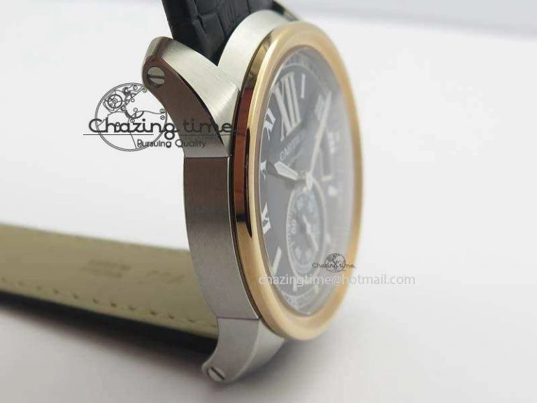 Premium Calibre De Cartier SS RG JF Best Edition Black Dial On Black Leather Strap A23J 6311