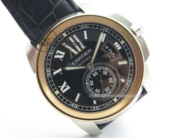 Premium Calibre De Cartier SS RG JF Best Edition Black Dial On Black Leather Strap A23J 6311