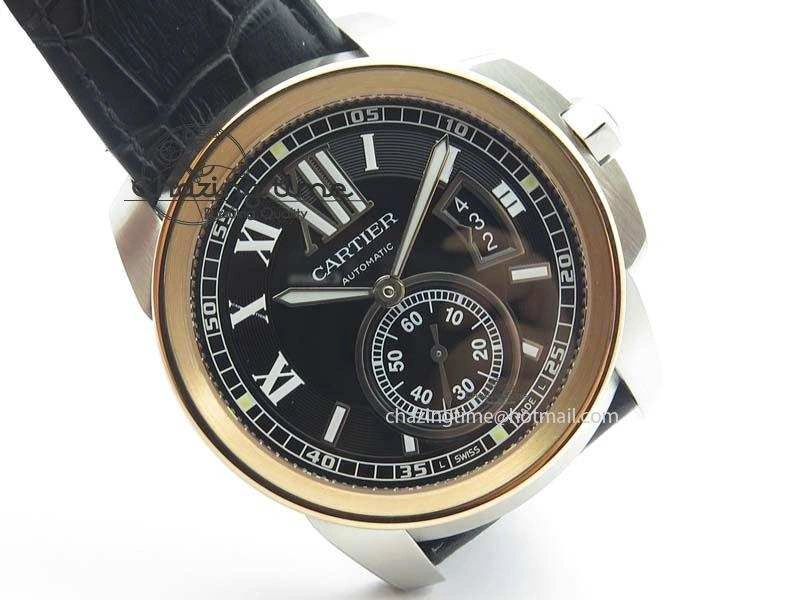 Premium Calibre De Cartier SS RG JF Best Edition Black Dial On Black Leather Strap A23J 6311