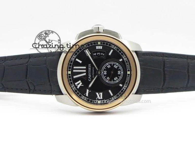 Premium Calibre De Cartier SS RG JF Best Edition Black Dial On Black Leather Strap A23J 6311