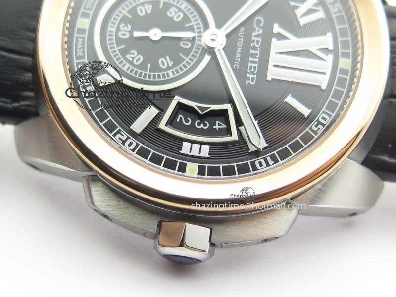 Premium Calibre De Cartier SS RG JF Best Edition Black Dial On Black Leather Strap A23J 6311