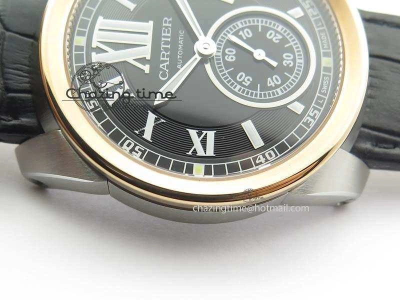 Premium Calibre De Cartier SS RG JF Best Edition Black Dial On Black Leather Strap A23J 6311