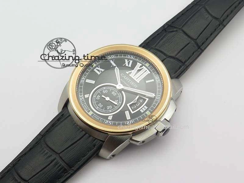 Premium Calibre De Cartier SS RG JF Best Edition Black Dial On Black Leather Strap A23J 6311