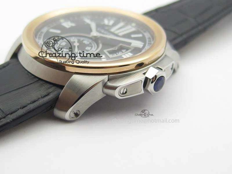 Premium Calibre De Cartier SS RG JF Best Edition Black Dial On Black Leather Strap A23J 6311