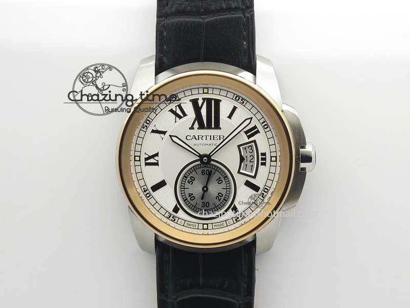 Calibre De Cartier SS RG JF Best Edition White Dial On Black Leather Strap A23J Sustainable 6310