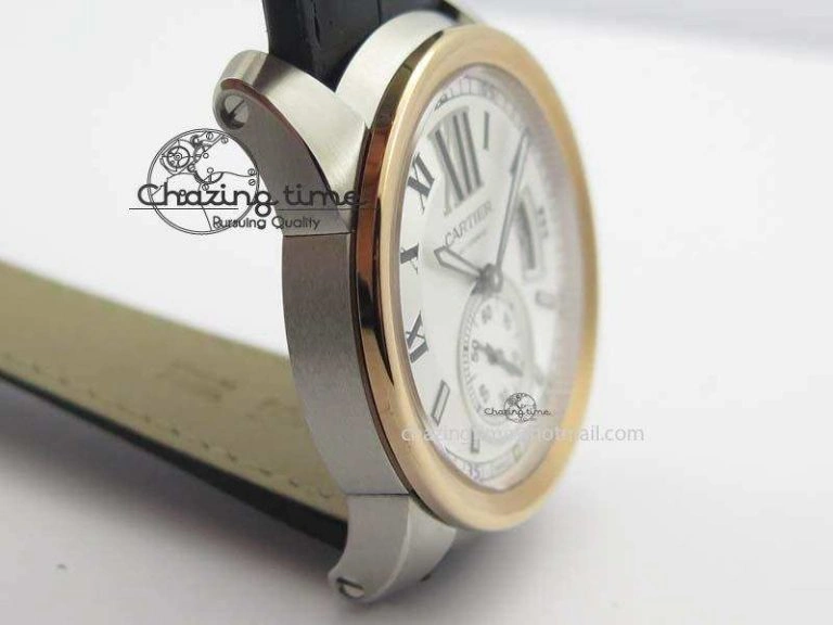 Calibre De Cartier SS RG JF Best Edition White Dial On Black Leather Strap A23J Sustainable 6310