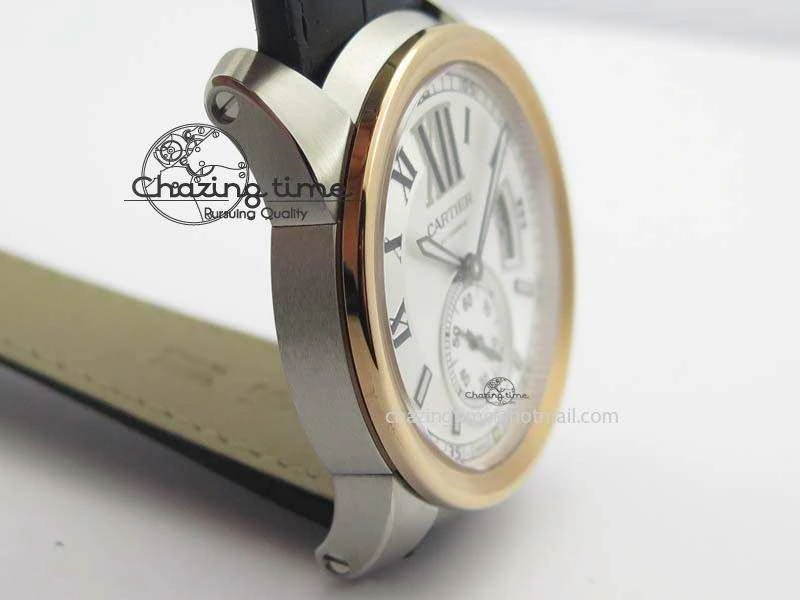 Calibre De Cartier SS RG JF Best Edition White Dial On Black Leather Strap A23J Sustainable 6310