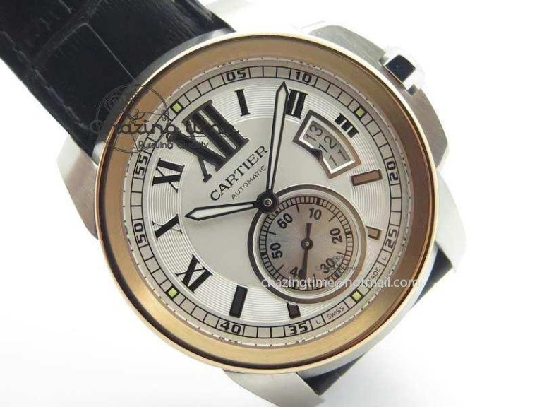 Calibre De Cartier SS RG JF Best Edition White Dial On Black Leather Strap A23J Sustainable 6310