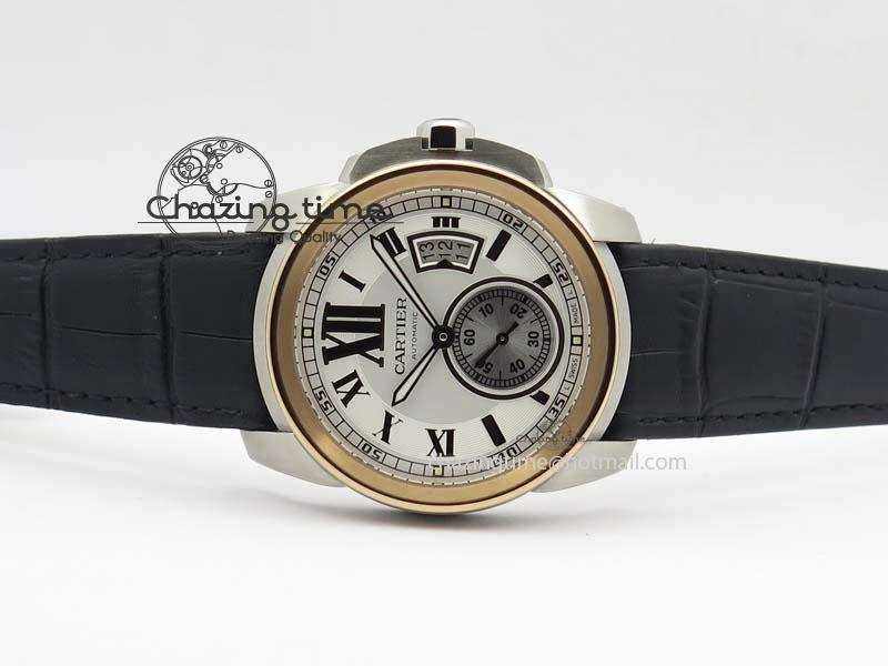 Calibre De Cartier SS RG JF Best Edition White Dial On Black Leather Strap A23J Sustainable 6310