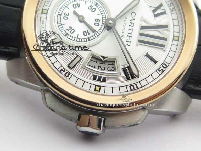 Calibre De Cartier SS RG JF Best Edition White Dial On Black Leather Strap A23J Sustainable 6310