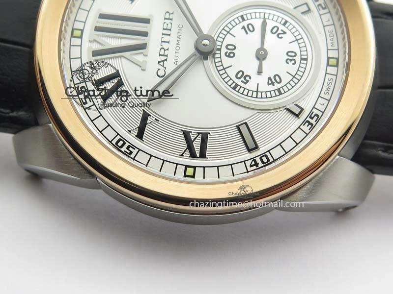 Calibre De Cartier SS RG JF Best Edition White Dial On Black Leather Strap A23J Sustainable 6310