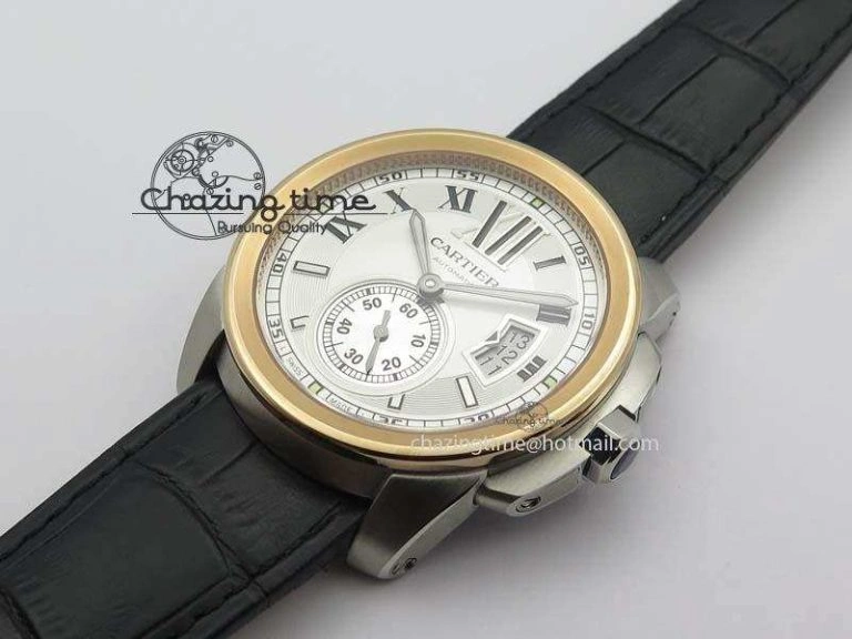 Calibre De Cartier SS RG JF Best Edition White Dial On Black Leather Strap A23J Sustainable 6310