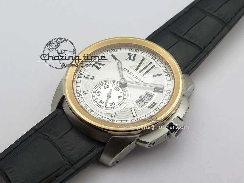 Calibre De Cartier SS RG JF Best Edition White Dial On Black Leather Strap A23J Sustainable 6310