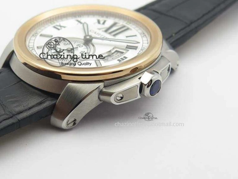Calibre De Cartier SS RG JF Best Edition White Dial On Black Leather Strap A23J Sustainable 6310