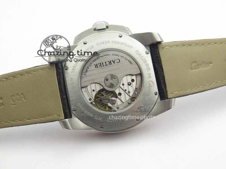 Calibre De Cartier SS RG JF Best Edition White Dial On Black Leather Strap A23J Sustainable 6310