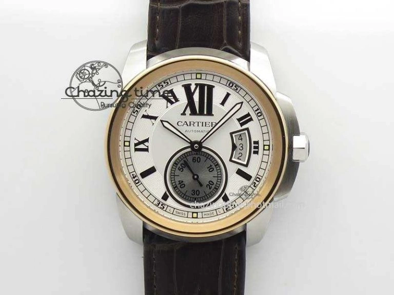 Calibre De Cartier SS RG JF Best Edition White Dial On Brown Leather Strap A23J Cozy 6312