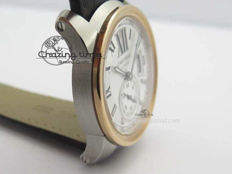 Calibre De Cartier SS RG JF Best Edition White Dial On Brown Leather Strap A23J Cozy 6312