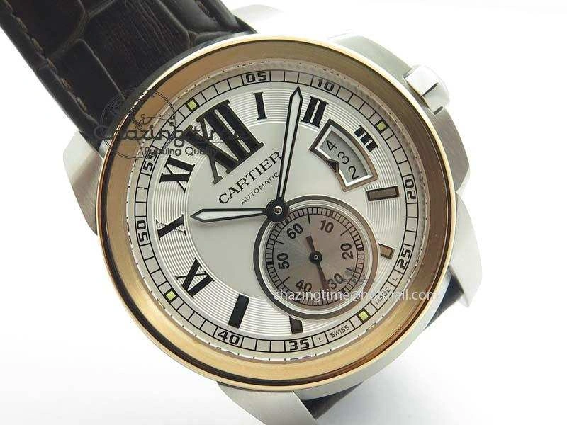 Calibre De Cartier SS RG JF Best Edition White Dial On Brown Leather Strap A23J Cozy 6312
