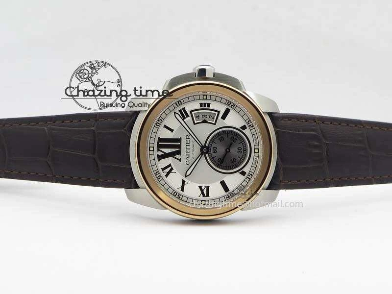 Calibre De Cartier SS RG JF Best Edition White Dial On Brown Leather Strap A23J Cozy 6312