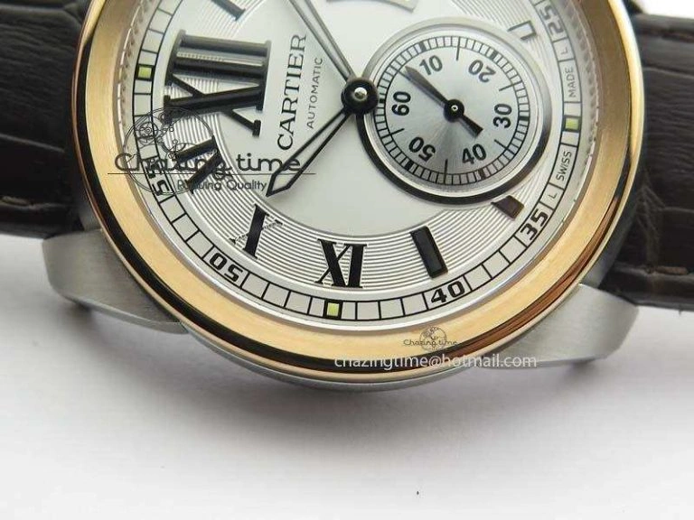 Calibre De Cartier SS RG JF Best Edition White Dial On Brown Leather Strap A23J Cozy 6312
