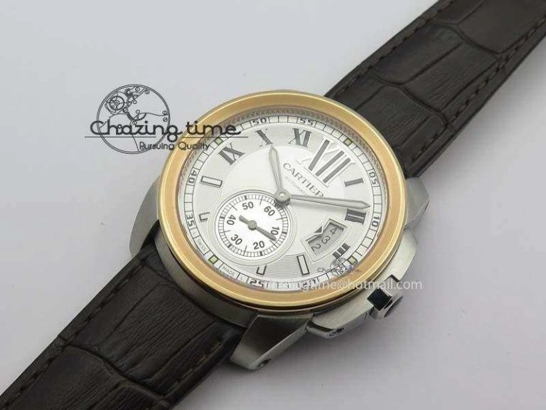 Calibre De Cartier SS RG JF Best Edition White Dial On Brown Leather Strap A23J Cozy 6312