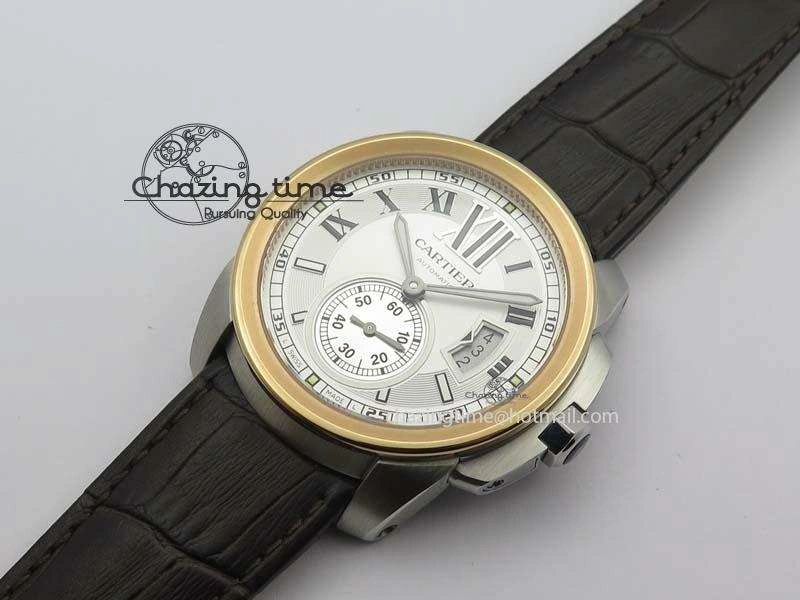 Calibre De Cartier SS RG JF Best Edition White Dial On Brown Leather Strap A23J Cozy 6312