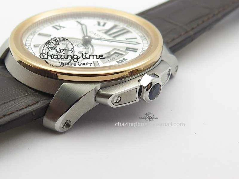 Calibre De Cartier SS RG JF Best Edition White Dial On Brown Leather Strap A23J Cozy 6312