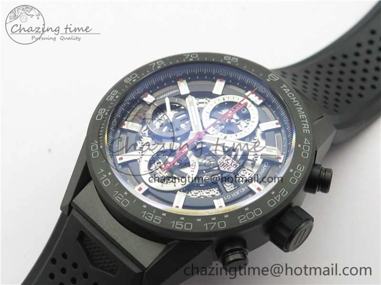 Calibre Heuer 01 Chrono 43mm Ceramic XF 1:1 Best Edition Skeleton Dial Red Hand on Black Rubber Strap A FastDry 9664