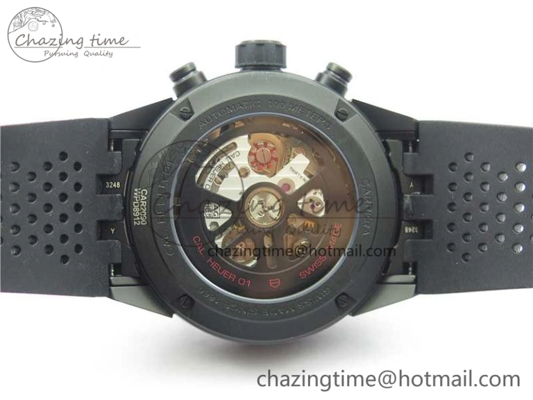 Calibre Heuer 01 Chrono 43mm Ceramic XF 1:1 Best Edition Skeleton Dial Red Hand on Black Rubber Strap A FastDry 9664