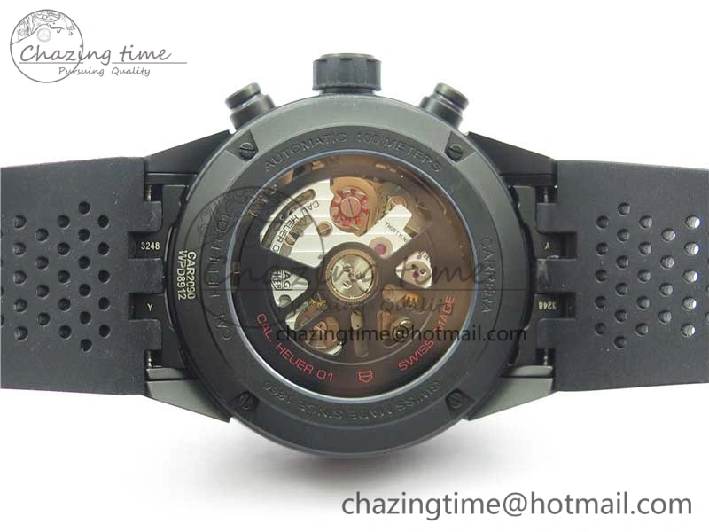 Calibre Heuer 01 Chrono 43mm Ceramic XF 1:1 Best Edition Skeleton Dial Red Hand on Black Rubber Strap A FastDry 9664