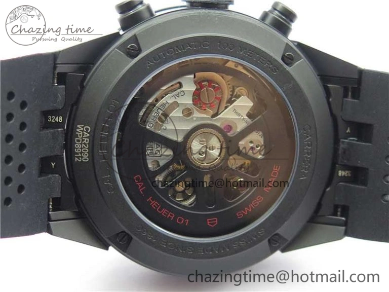Calibre Heuer 01 Chrono 43mm Ceramic XF 1:1 Best Edition Skeleton Dial Red Hand on Black Rubber Strap A FastDry 9664