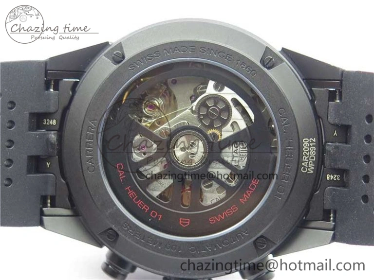 Calibre Heuer 01 Chrono 43mm Ceramic XF 1:1 Best Edition Skeleton Dial Red Hand on Black Rubber Strap A FastDry 9664