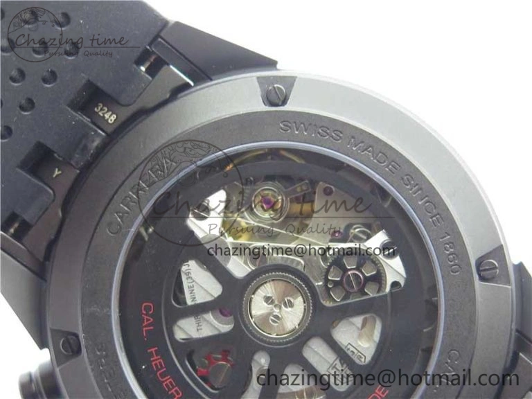 Calibre Heuer 01 Chrono 43mm Ceramic XF 1:1 Best Edition Skeleton Dial Red Hand on Black Rubber Strap A FastDry 9664