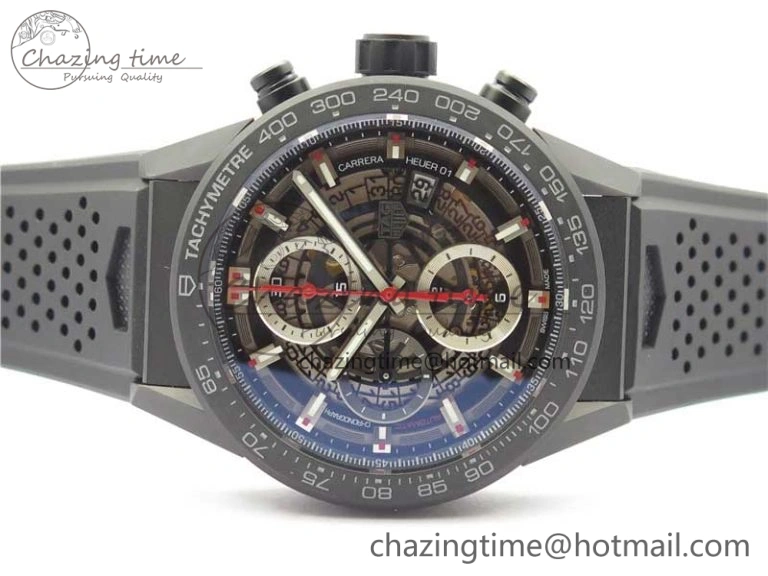 Calibre Heuer 01 Chrono 43mm Ceramic XF 1:1 Best Edition Skeleton Dial Red Hand on Black Rubber Strap A FastDry 9664