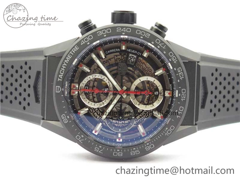 Calibre Heuer 01 Chrono 43mm Ceramic XF 1:1 Best Edition Skeleton Dial Red Hand on Black Rubber Strap A FastDry 9664