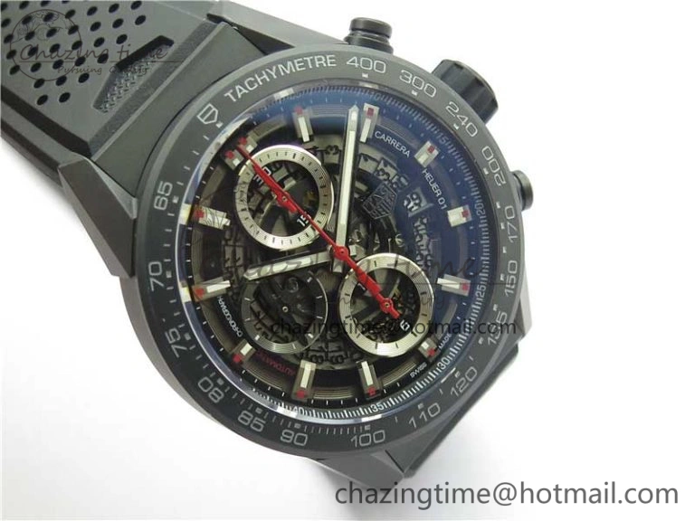Calibre Heuer 01 Chrono 43mm Ceramic XF 1:1 Best Edition Skeleton Dial Red Hand on Black Rubber Strap A FastDry 9664