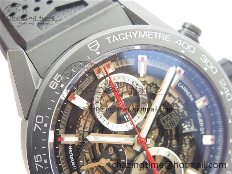 Calibre Heuer 01 Chrono 43mm Ceramic XF 1:1 Best Edition Skeleton Dial Red Hand on Black Rubber Strap A FastDry 9664