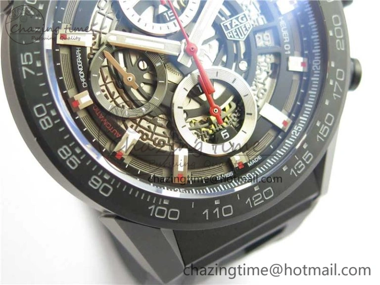 Calibre Heuer 01 Chrono 43mm Ceramic XF 1:1 Best Edition Skeleton Dial Red Hand on Black Rubber Strap A FastDry 9664