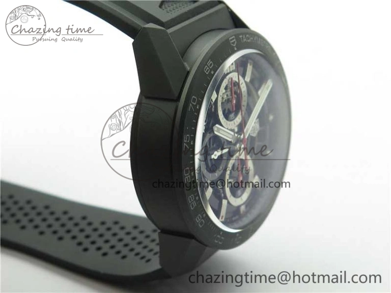 Calibre Heuer 01 Chrono 43mm Ceramic XF 1:1 Best Edition Skeleton Dial Red Hand on Black Rubber Strap A FastDry 9664