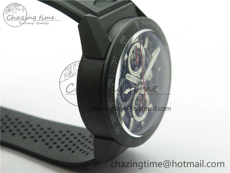 Calibre Heuer 01 Chrono 43mm Ceramic XF 1:1 Best Edition Skeleton Dial Red Hand on Black Rubber Strap A FastDry 9664