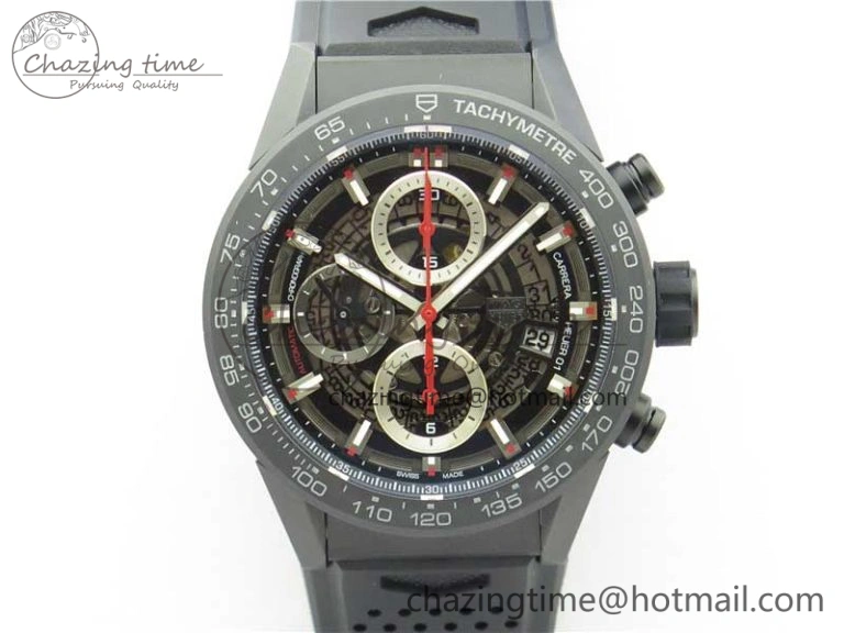 Calibre Heuer 01 Chrono 43mm Ceramic XF 1:1 Best Edition Skeleton Dial Red Hand on Black Rubber Strap A FastDry 9664
