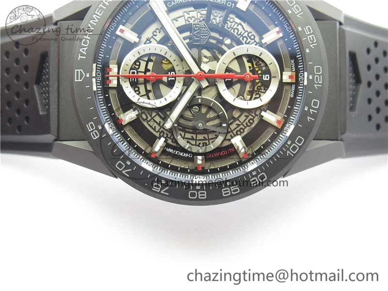 Calibre Heuer 01 Chrono 43mm Ceramic XF 1:1 Best Edition Skeleton Dial Red Hand on Black Rubber Strap A FastDry 9664