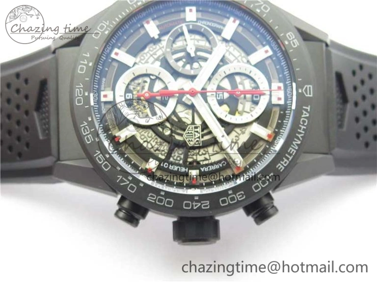 Calibre Heuer 01 Chrono 43mm Ceramic XF 1:1 Best Edition Skeleton Dial Red Hand on Black Rubber Strap A FastDry 9664