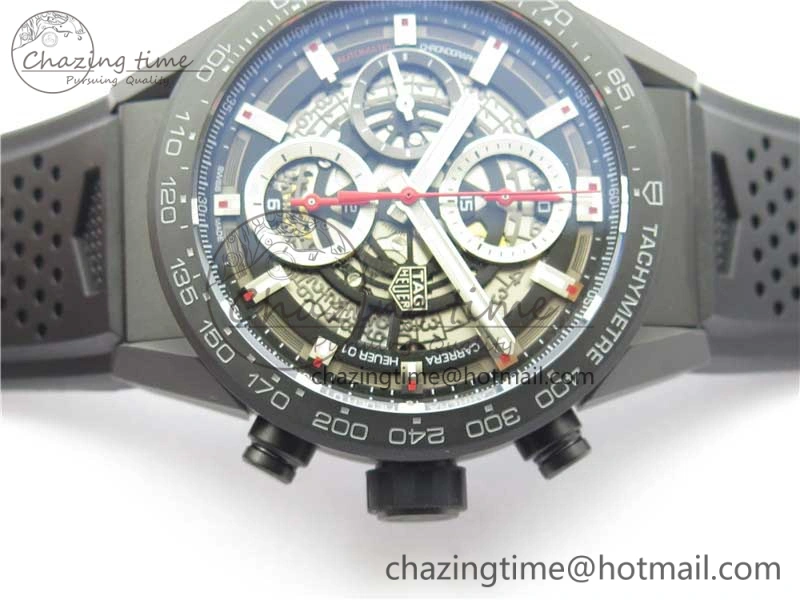 Calibre Heuer 01 Chrono 43mm Ceramic XF 1:1 Best Edition Skeleton Dial Red Hand on Black Rubber Strap A FastDry 9664