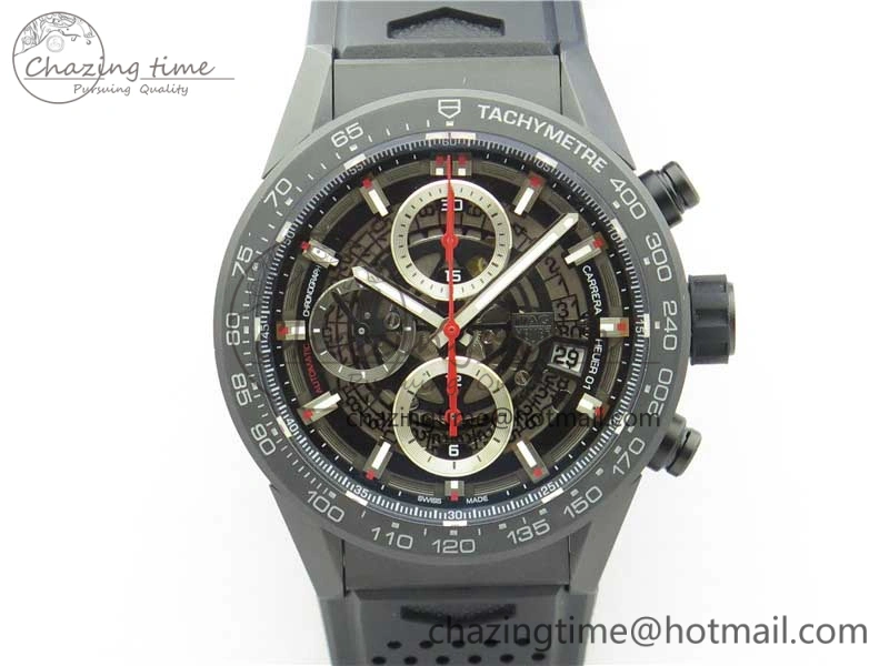 Calibre Heuer 01 Chrono 43mm Ceramic XF 1:1 Best Edition Skeleton Dial Red Hand on Black Rubber Strap A FastDry 9664