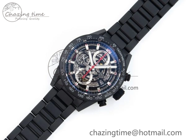 MoistureWicking Calibre Heuer 01 Chrono 43mm Ceramic XF 1:1 Best Edition Skeleton Dial Red Hand on Ceramic Bracelet A 9652