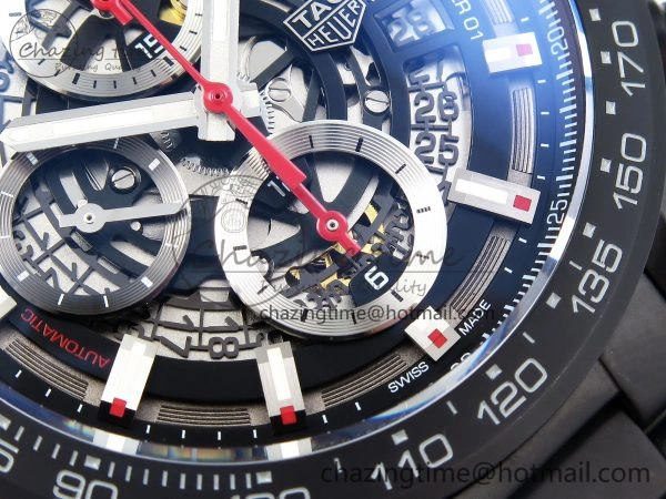 MoistureWicking Calibre Heuer 01 Chrono 43mm Ceramic XF 1:1 Best Edition Skeleton Dial Red Hand on Ceramic Bracelet A 9652